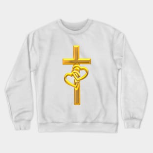 Golden 3-D look Cross with 2 Hearts Crewneck Sweatshirt